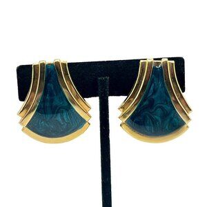 Vintage Gold Tone Baroque Earrings Blue‎ Green Swirl Center Clip On Statement